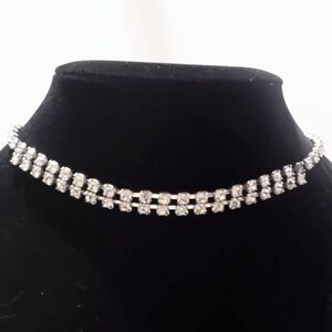 Vintage Prong Set Double Row Clear Rhinestone Choker Necklace